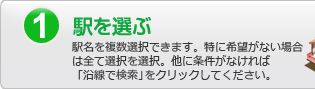 1.駅を選ぶ：駅名を複数選択できます。特に希望がない場合は全て選択を選択。他に条件がなければ「沿線で検索」をクリックしてください。